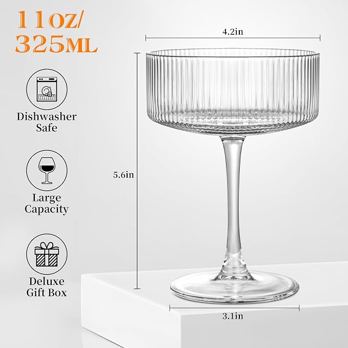 Amyoole Vintage Ribbed Coupe Glasses Set of 6, 11oz Martini Glasses | Clear 100% Crystal, Bar Drinking Glasses, Elegant Cocktail Glasses, for Champagne, Margaritas, Espresso, With Rose Ice Mold - Image 2