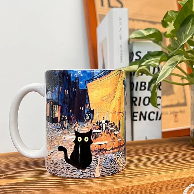 Famous Art Paintings Funny Cat Coffee Mug for Artist Art Lover Teacher Cat Lovers, Famous Picture Classic Vincent Aesthetic Canvas Mug Birthday Gift for Women Man (Terrace at Night) - Image 2
