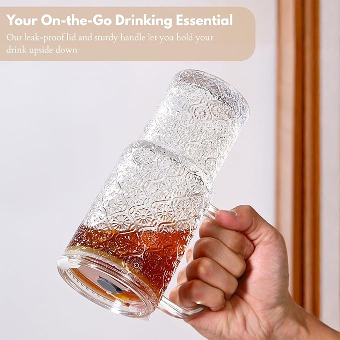 20 oz Glass Tumbler with Lid and Straw, Glass Iced Coffee Cups, Spill-proof Glasses Tumbler with Handle, Hobnail Glasses Drinking Set of 2, Vintage Glassware for Cocktail, Juice, Smoothies - Image 4