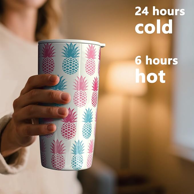 TILUCK 20 oz Insulated Coffee Tumbler with BPA-Free Lid | Travel Coffee Mug, Dishwasher Safe, Cup Holder Friendly, Double-Wall Vacuum Insulation for Hot & Cold Drinks,Pineapple - Image 3