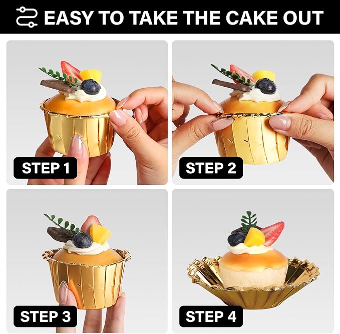 EUSOAR Gold Cupcake Liners, 100pcs 3.5 oz Disposable Aluminum ramekins, Foil Baking Cups, Aluminum Foil Muffin Liners, Aluminum Cupcake Ramekin Holder Cups for Wedding Birthday Party - Image 4