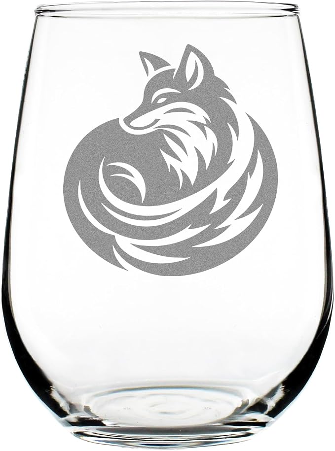 Graceful Fox Engraved 17oz Stemless Wine Glass | Woodland Animal Etched Glassware for Nature Lovers by Make+Your+Mark+Design