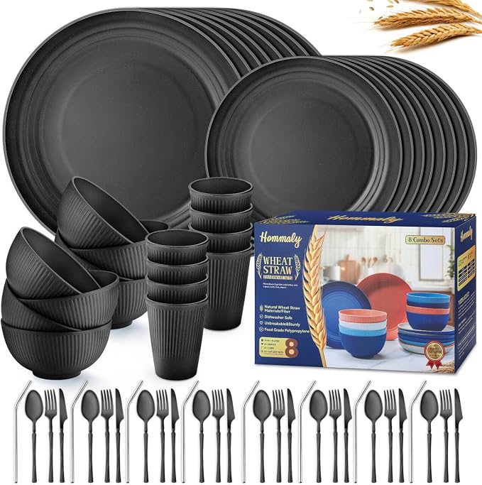 Wheat Straw Dinnerware Sets,64-Piece Black Plates and Bowls Sets for 8-Unbreakable,Reusable Plastic Dish Set-Dinner Plate/Dessert Plate/Cereal Bowl/Cup/Utensils-Microwavable Dishwasher Safe 64P-BLACK by HOMMALY