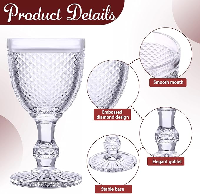 Bokon 12 Pack Purple Glass Goblets Set 10 oz High Clear Wine Glass Vintage Water Goblets Cups Embossed Diamond Design Glassware with Stem for Drinking Juice Liquor Party Wedding Bar - Image 3