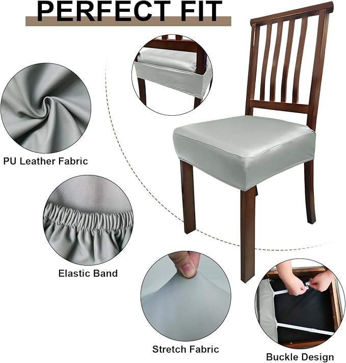 Waterproof Pu Leather Seat Covers for Dining Room Chairs Set of 4,Soft Chairs Seat Slipcovers,Dining Chair Cover Removable Washable Chair Protector Cover Stretch Kitchen Chair Covers - Image 5