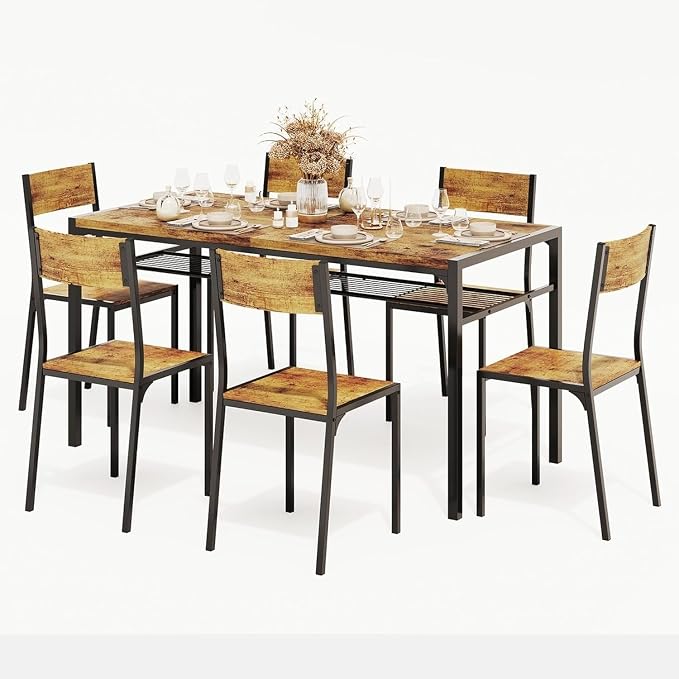 Gizoon 7-Piece Dining Table Set for 6, Kitchen Table with Chairs Rustic | Spacious rustic 6-person dining set with under-table storage rack. Ergonomic chairs slide under table to maximize space. - Image 2