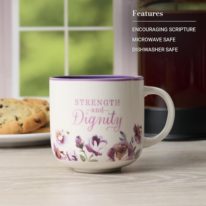 Christian Art Gifts Large Inspirational Ceramic Coffee & Tea Mug for Women: Strength & Dignity Encouraging Bible Verse, Cute Non-toxic Lead-free Novelty Beverage Cup, White & Purple Floral, 14 oz. - Image 3