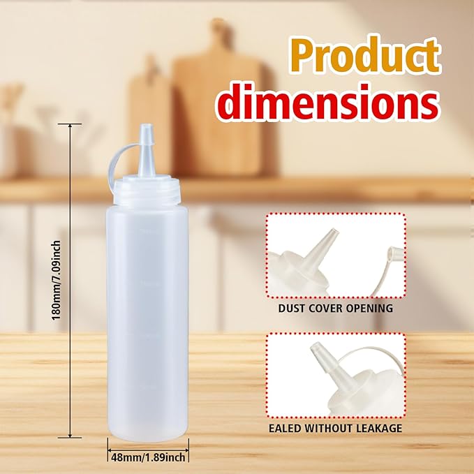 Squeeze Bottles for Sauces,Leak-Proof Condiment Dispenser, BPA-Free Kitchen Restaurant Squeeze Bottle Set with Wide Mouth for Ketchup, Mustard,Syrup,Dressings (White, 6Pack-8oz(200ml))