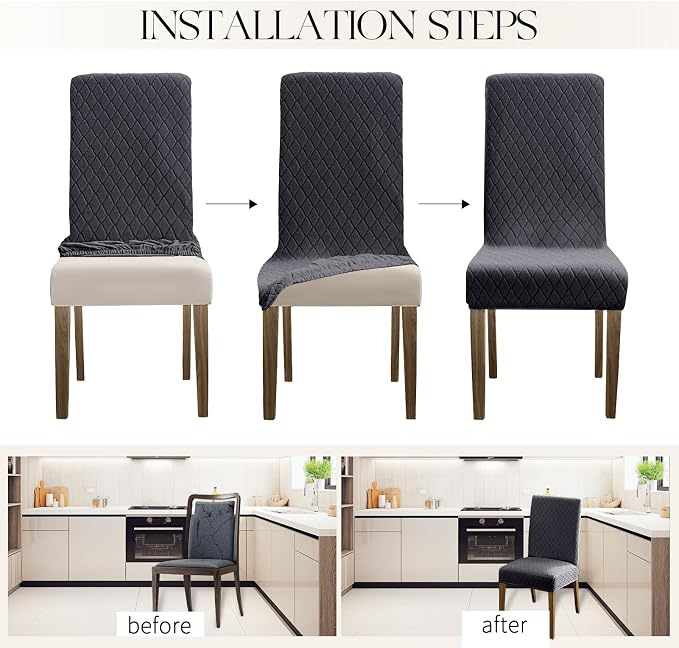 MOSAYT 100% Waterproof Dining Room Chair Covers Set of 6, Super Fit Stretch Jacquard Parson Chairs Slipcovers Removable Washable Chair Seat Protectors for Home, Kitchen, Banquet (Dark Grey) - Image 5