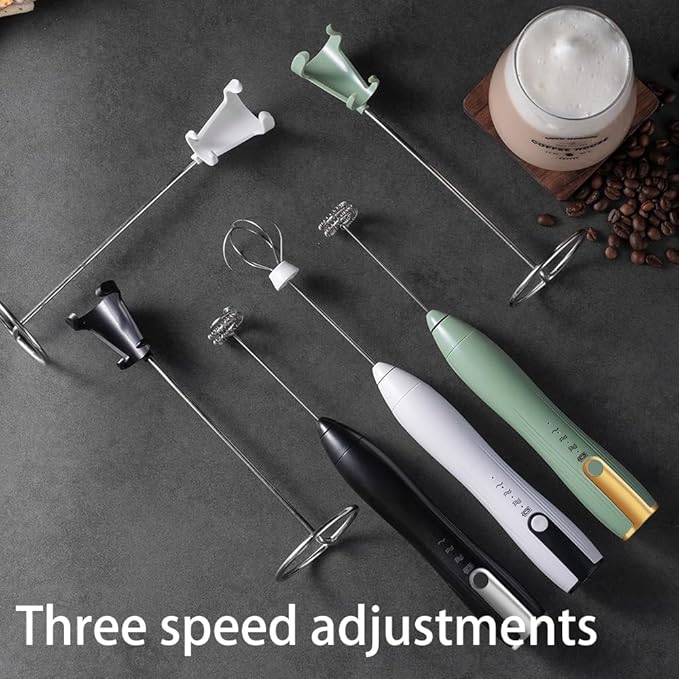 Ruciko Rechargeable 3-Speed Electric Milk Frother,Stainless Steel,Mini Handheld.Quick Type-C Charging for Lattes,Coffee,Egg Whipping & Hot Choc.With Double-Layer Frothing Head & Stand.(white)