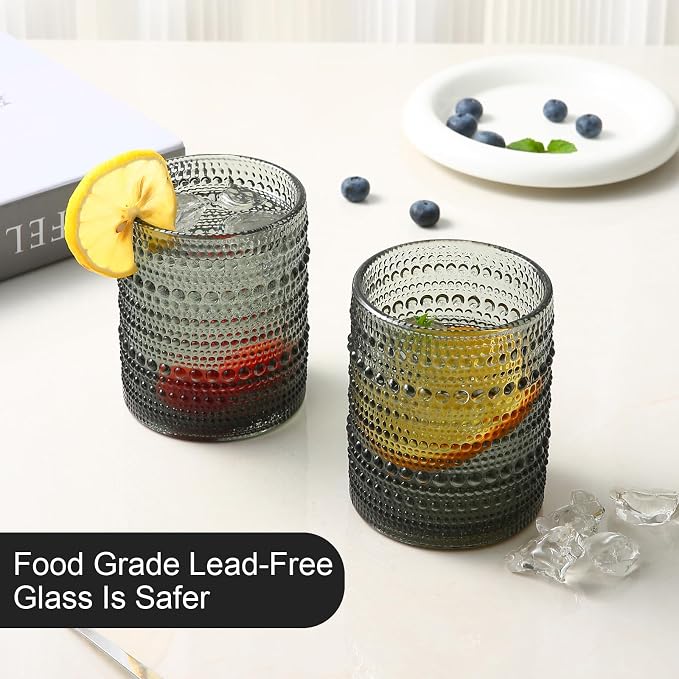 ZMOWIPDL Drinking Glasses Set of 6,12oz Grey Hobnail Glass Cups | Vintage Glassware，Embossed Water Tumbler,for Beer,Cocktail,Whiskey,Juice and Various Mixed Drinks- 1 Cleaning Brush - Image 4
