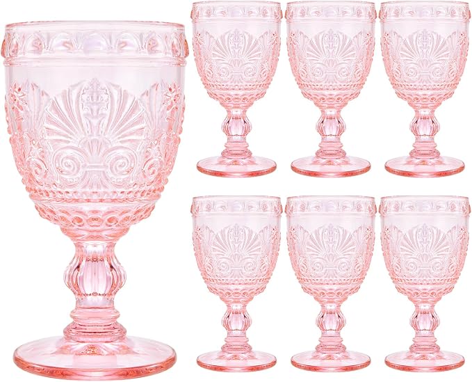 6 Pcs Pink Wine Glasses,Goblet Glasses,Vintage Glassware, Made of Sturdy and Durable Glass Can be Used for Weddings, Everyday Fun Parties and More! by CHICERA