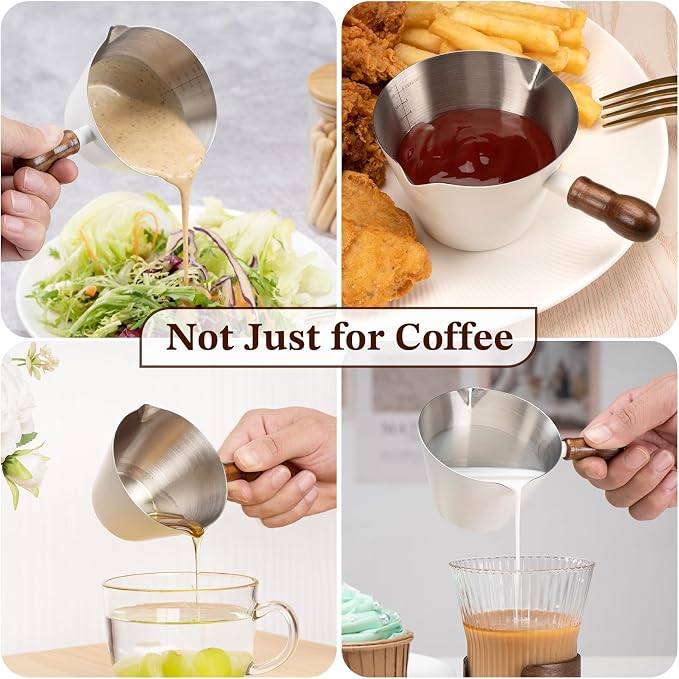 Amrules Espresso Cup, 6.8 oz/200 ml Stainless Steel Coffee Shot Measuring Cup with Wood Handle, Double V-Shaped Mouth and Clear Scale for Cappuccino Barista Coffee Bar Accessories, White - Image 7