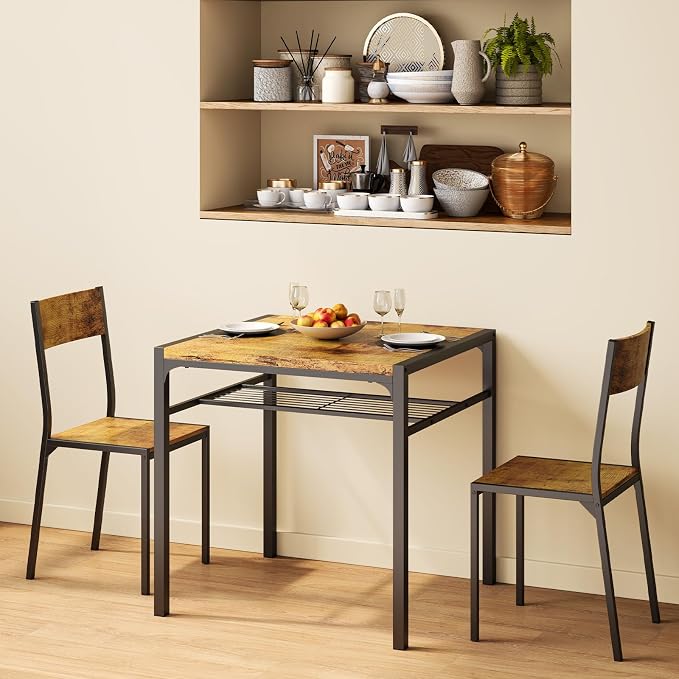 Gizoon 3-Piece Dining Table Set for 2, Small Kitchen Table & Chairs Rustic | Compact rustic 2-person dining set perfect for apartments. Features under-table storage rack and 2 chairs that tuck away. - Image 8