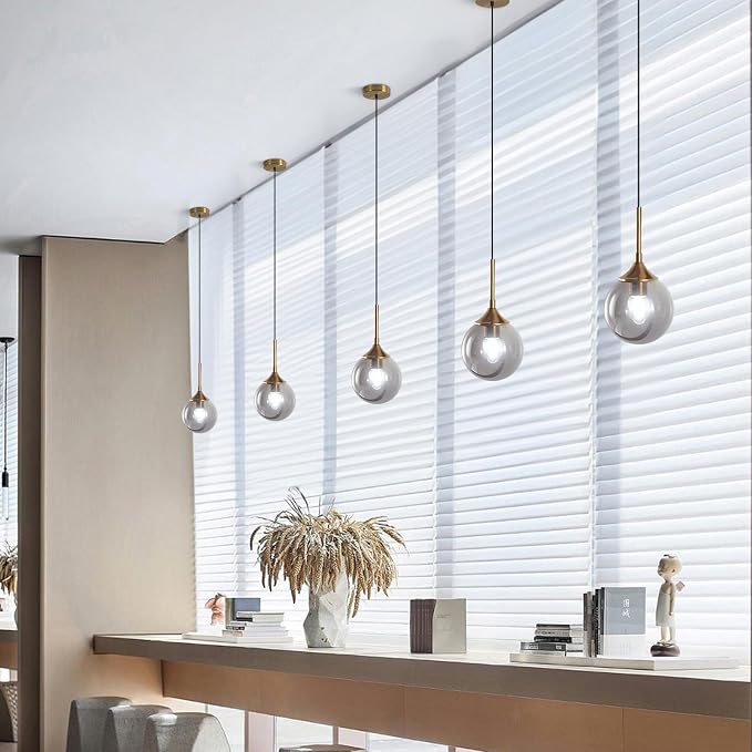 KCO Lighting 2 Pack Brass Gold Small 7.1” Smoky Glass Globe Pendant Lights | E26 Adjustable Cord for Sloped Ceilings, Mid Century Modern Gold Hanging Light Fixture for Kitchen Island Sink Dining Table - Image 5