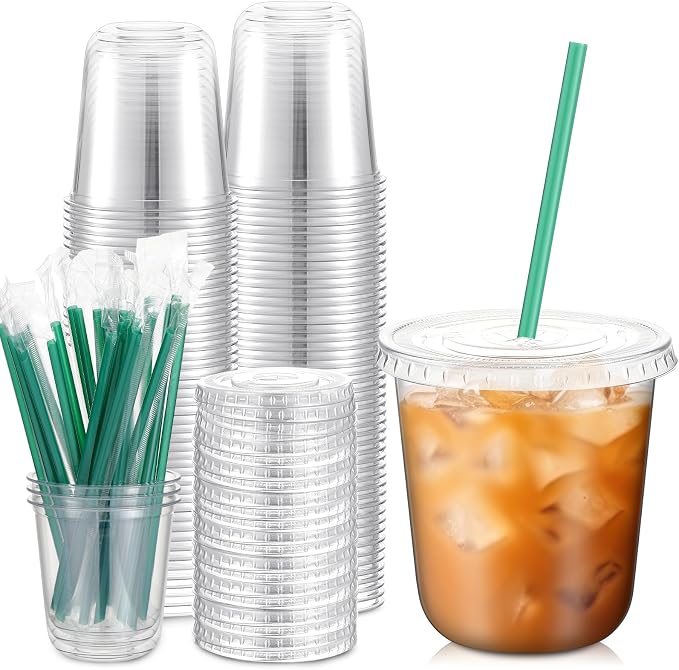 Baderke 25 Set Plastic Cups with Lids and Straws, Disposable Plastic Iced Coffee Cup for Cold Beverage Juice Smoothie Crystal for Coffee Shops Party Catering(Clear,12 oz) by Baderke