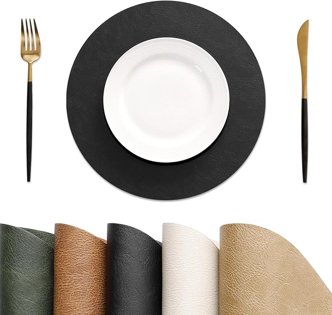 MOSAYT 13 Inch Round Vinyl Placemats Set of 8 - Faux Leather 100% Waterproof Oil-Proof Wipeable PU Place Mats, Heat Resistant Reversible Table Mats for Kitchen, Dining, Outdoor, Black by MOSAYT