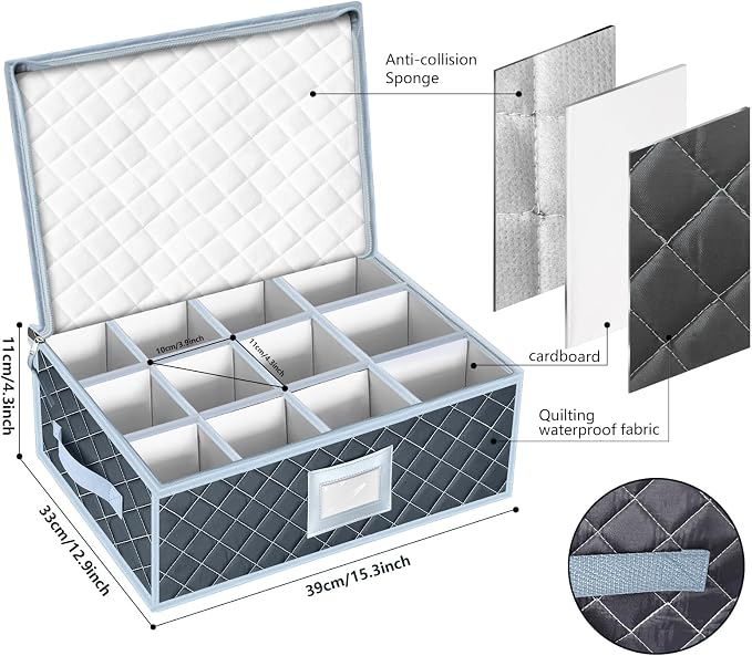 Wine Glass and Mug Storage Box with Dividers - 2 Pack China Storage Containers Set Holds 24 Glassware , Stemware，Coffee Mug and Tea Cup, Organizer Bin with Sturdy Metal Zipper,Label and Handles (Grey) - Image 8