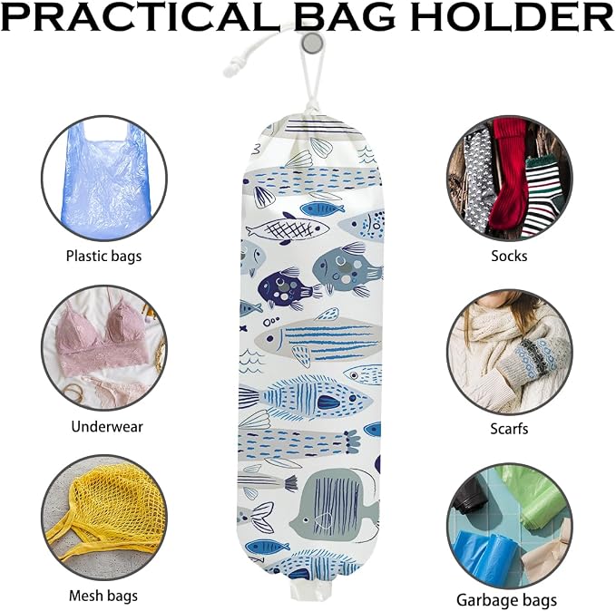 Fish Plastic Bag Holder, Blue Fish Grocery Bag Holder for Plastic Bags | Wall Mount Reusable Shopping Bags Storage Dispenser for Home Pantry Kitchen Farmhouse, Housewarming Gifts for Women Mom - Image 3