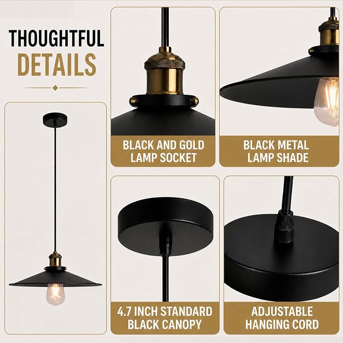 KCO Lighting 14.2” Industrial Black Dome Pendant Light Modern Farmhouse Kitchen Pendant Lighting Over Island Mid Century Hanging Light Fixture for Dining Room Living Room Cafe - Image 3