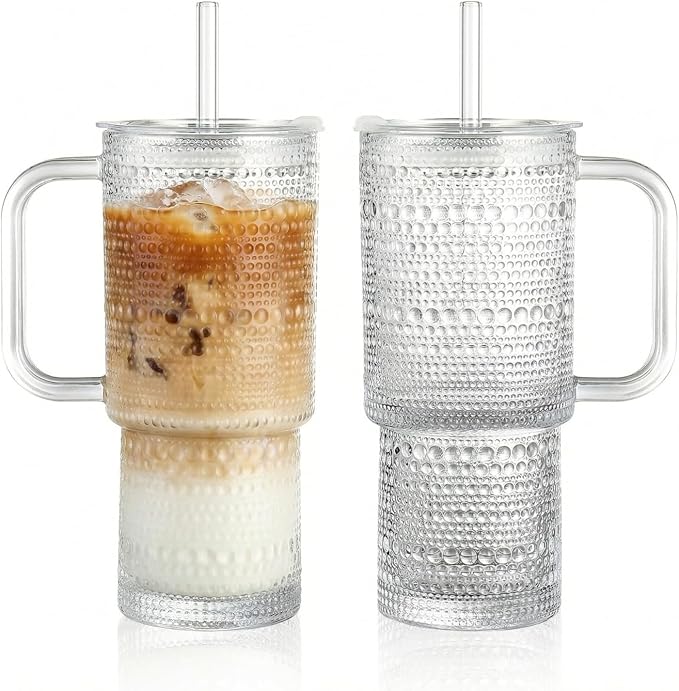 20 oz Glass Tumbler with Lid and Straw, Glass Iced Coffee Cups, Spill-proof Glasses Tumbler with Handle, Glasses Drinking Set of 2, Vintage Glassware for Cocktail, Juice, Smoothies by Unknown