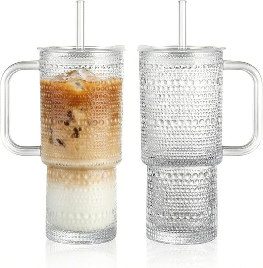 20 oz Glass Tumbler with Lid and Straw, Glass Iced Coffee Cups, Spill-proof Glasses Tumbler with Handle, Glasses Drinking Set of 2, Vintage Glassware for Cocktail, Juice, Smoothies by Unknown