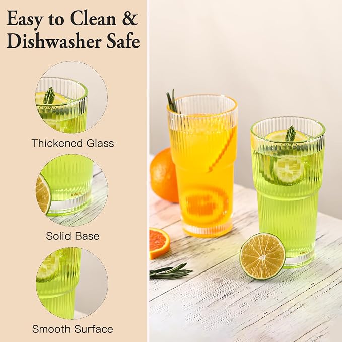 4PCS Ribbed Glass Cups with Lids and Straws, 20oz Vintage Drinking Glasses, Aesthetic Iced Coffee Cups, Glass Tumbler for Boba, Beer, Tea, Cocktails, Ribbed Glassware Set,Clear - Image 6
