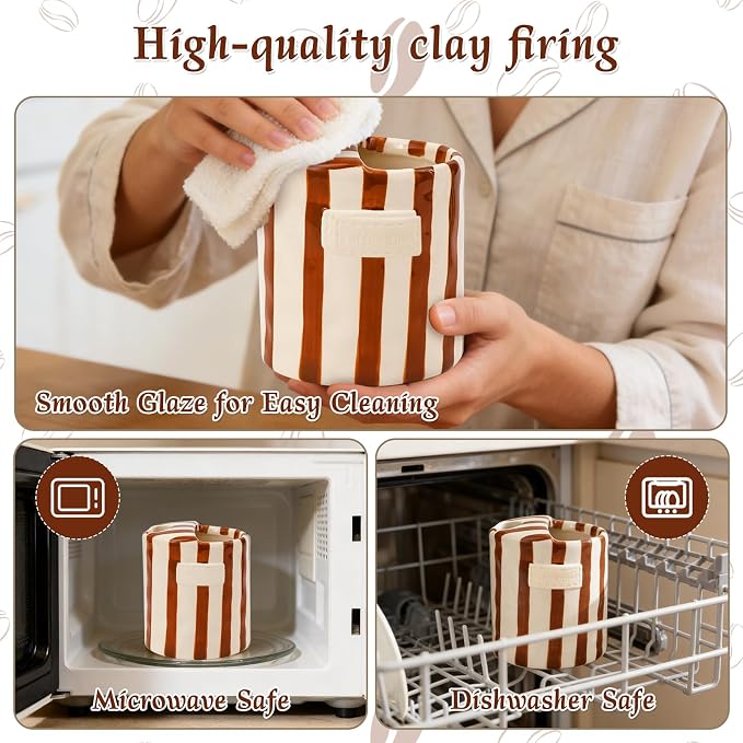 Ceramic Coffee Mug with Sip Hole 10oz Cute Espresso Cup | Unique Hand-Drawn Brown and White Striped Design, Microwave and Dishwasher Safe, for Kitchen Dining, Office, Holiday Gift - Image 8