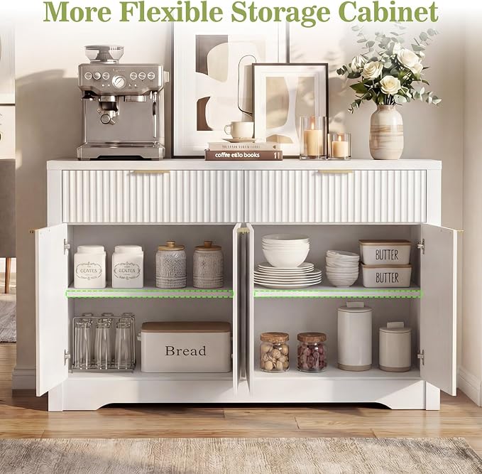 Cyclysio 55" Fluted Sideboard Buffet Cabinet with Drawers, White | Modern Accent Storage Console Table & Coffee Bar Station with Adjustable Storage Shelves for Dining Room, Kitchen, Entryway - Image 7