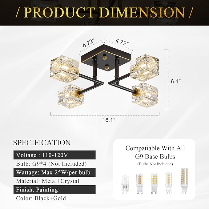 Black Gold Sputnik Chandeliers Industrial 18" Crystal Semi Flush Mount Ceiling Light Fixture 4-Light Modern Chandelier for Hallway Entryway Kitchen Bedroom Dining Room - Image 2