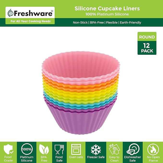 Freshware Cupcake Liners, Pack of 12 Silicone Muffin Cups, Baking Cups, Reusable & Non-stick Cupcake Liners for Party Halloween Christmas, Round