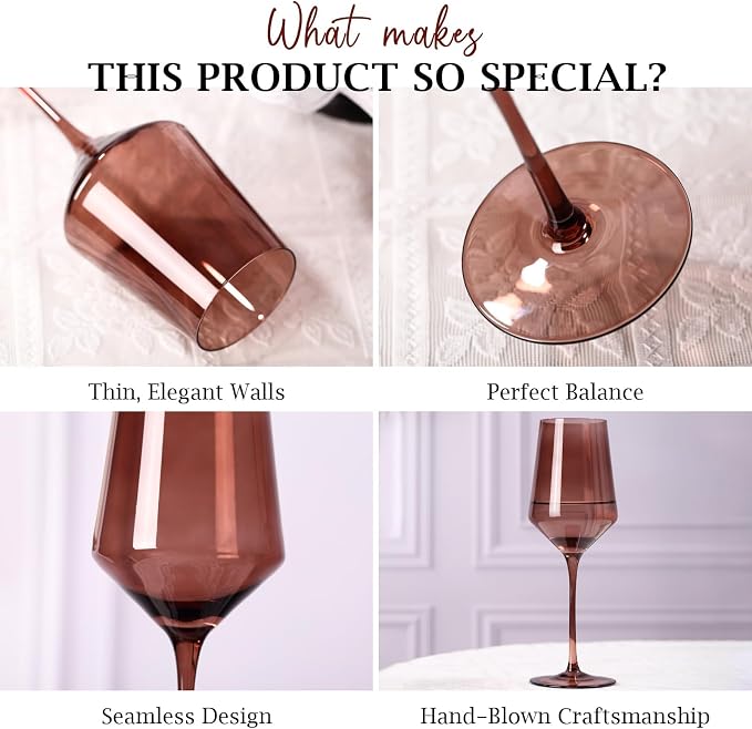 comfit Venus Wine Glasses Set of 6-14oz [Hand-Blown] Maillard-Inspired Amber & Espresso Stemware, Brown Crystal Wine Glasses, Birthday Wedding Housewarming Valentine's Day Gifts - Image 8
