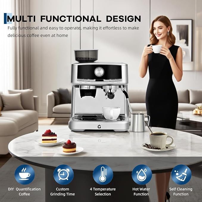 Semi‑Automatic Espresso Coffee Machine with Built‑in Grinder | Combine grinding and brewing within one machine,Silver sleek exterior matches diverse kitchen decor for daily homemade coffe - Image 7