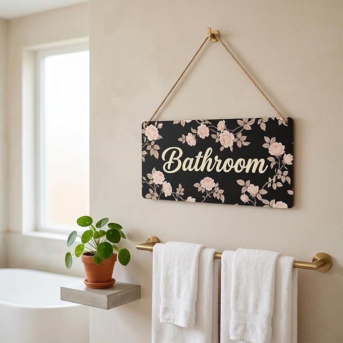 Vintage Farmhouse Bathroom Wall Decor Floral Wood Plaque Room Sign with Hanging Rope, Rustic Cottage Styling, Thoughtful Housewarming Gift 12x6 Inches - Image 2