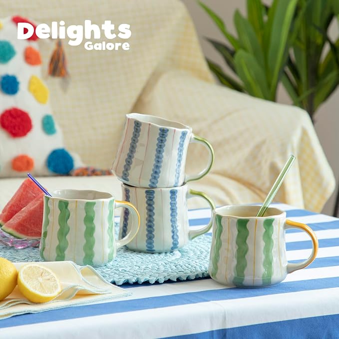 Striped Ceramic Coffee Mug Set of 4 (16oz) - Handmade Look Tea Cups with Yellow/Green Handles, Microwave Safe, Durable Daily Drinkware - Image 4