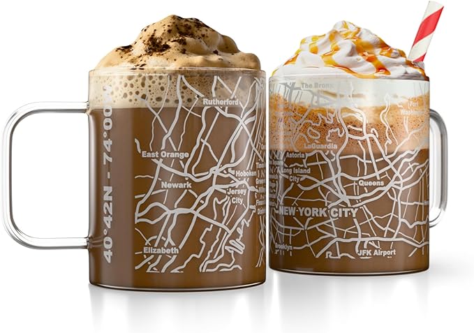 Greenline Goods – New York City, NY Map Glass Coffee Mugs (Set of 2), 16 oz – Etched Wrap Design
