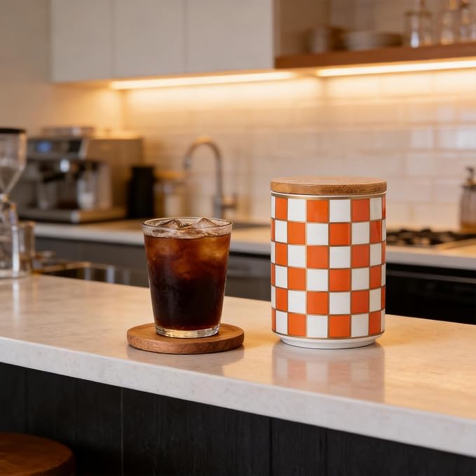 Kitchen Countertop Ceramic Checkered Canisters,Black And White Food Storage Containers With Lid,Airtight Kitchen Canisters for Flour, Sugar, Coffee, Tea, and Dry Goods (Orange, Small) - Image 8