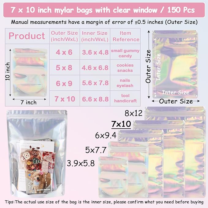 150 Pcs Mylar Bags for Food Storage, 7x10 Mylar Bag with Window Stand Up, Large Holographic Resealable Bags Smell Proof Bag Food Packaging for Small Business Freeze Dried Candy Jewelry Foil Packaging - Image 5