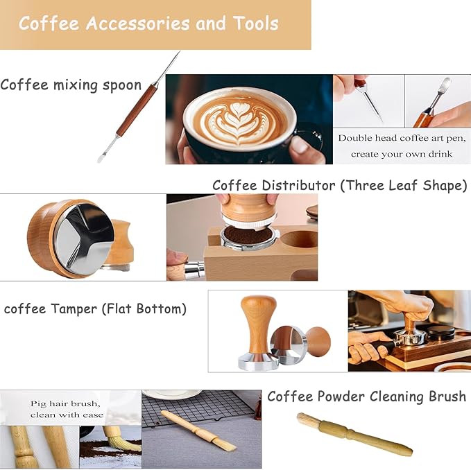7Pcs Wooden Espresso Kit 51mm, Espresso Tamping Station, Coffee Distributor and Tamper Set, Wooden Coffee Bar Accessories with WDT Stirrer, Latte Pen, Paper Filters, Brush for Home Coffe House
