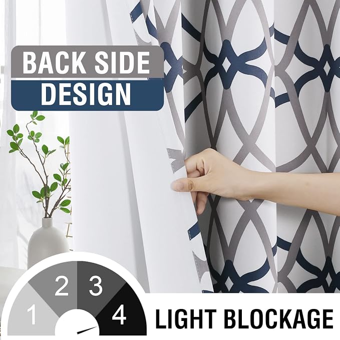 H.VERSAILTEX Blackout Curtains Printed Design 63 Inch Length 2 Panels Set Thermal Insulated Curtains for Bedroom Living Room Geometric Modern Grommet Window Drapes - Dark Denim and Grey - Image 3