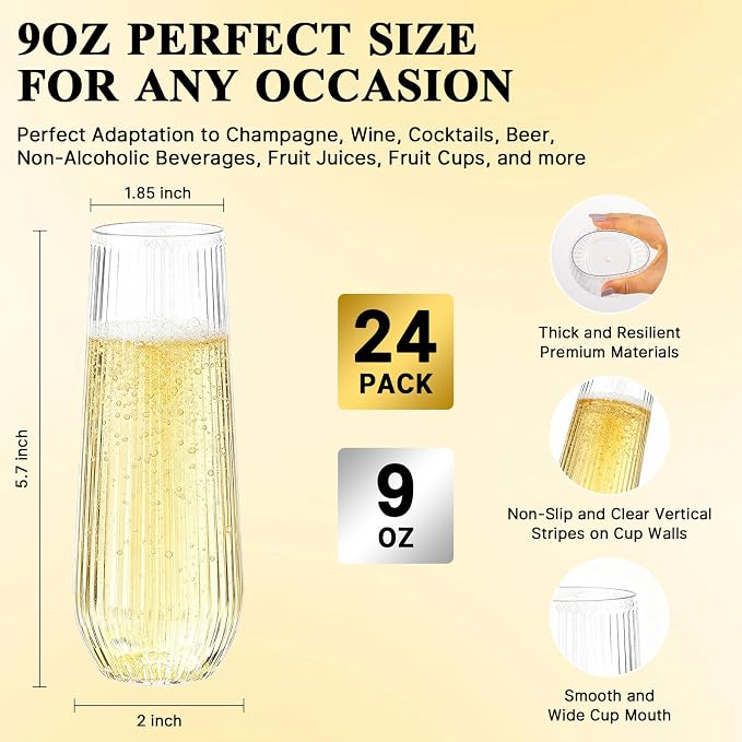 Goodluck 24pack Clear Plastic Champagne Flutes,9oz Stemless Champagne Flute | Stemless Disposable Clear Plastic Toasting Glasses for Weddings, Birthday Parties, Family Gatherings, Bars etc - Image 3