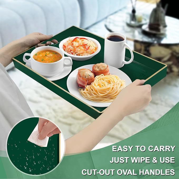 MAONAME Dark Green Decorative Tray for Ottoman, Serving Tray with Handles | Plastic Coffee Table Tray, Modern Melamine Tray, Rectangle Countertop Organizer Tray for Living Room, 15.8"L x 10.2"W x 1.4"H - Image 3