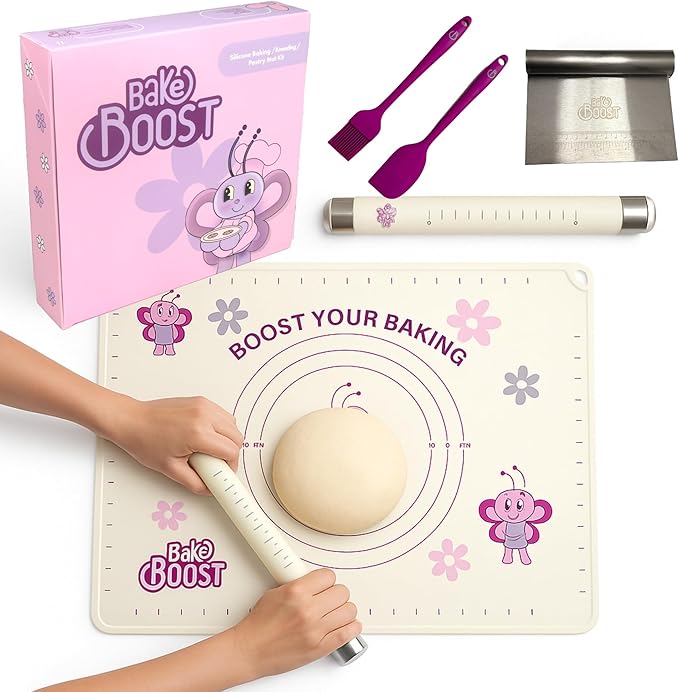 Silicone Baking Mat Gift Set – XL Non-Stick Pastry Mat with Rolling Pin, Dough Scraper, Spatula & Brush | Perfect Christmas Baking Kit for Cookies, Pies & Holiday Treats | Gift-Ready Box