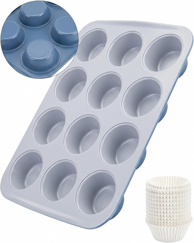 CARTMAN Ceramic Muffin Pan 12 Cup with 200 Cupcake Liners, Non-Stick & Non-Toxic Baking Tin for Healthy Muffins and Cupcakes, Perfect for Home Kitchens and Parties by CARTMAN