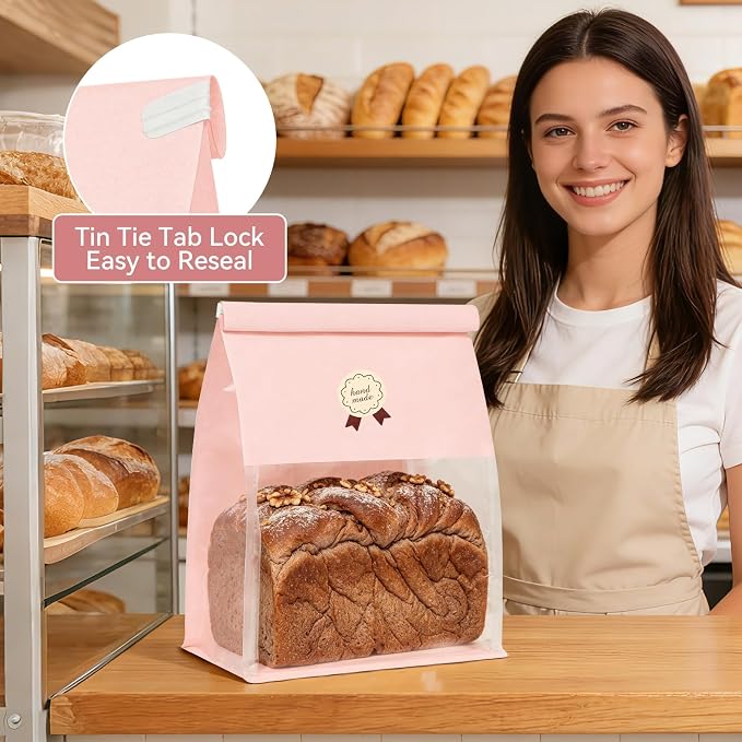 100 Bread Bags with Tabs for Homemade Sourdough Bread, 8.7x4.3x11 Inches Pink Bakery Storage Bags with Window/Ties, Large Bakery Loaf Bag for Baked Goods Packaging - Image 6