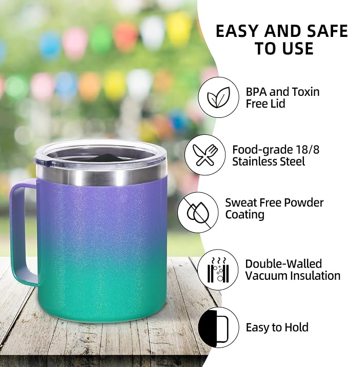 Volhoply 14oz Insulated Stainless Steel Coffee Mug with Lid Bulk 4 Pack,Double Wall Vacuum Travel Coffee Cup with Handle,Reusable Cups Tumbler,Camping Mugs Keep Hot,Ideal Gifts(Purple Green,4) - Image 4