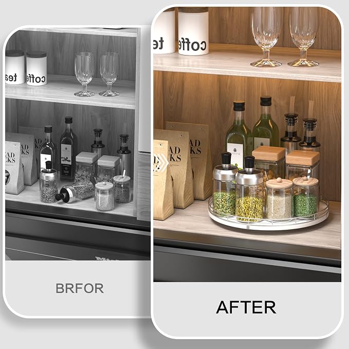 Oroyutor 12-Inch Oak Lazy Susan Spice Organizer with Silver Metal Rail | Rotating oak tray organizes spices, toiletries and decor on kitchen counters, bathroom vanities, dining and coffee tables. - Image 5