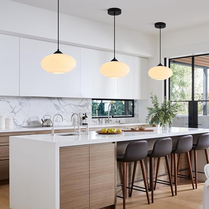 KCO Lighting Matte Black Lantern Pendant Light with 9.8” White Ribbed Glass | Adjustable Cord E26 Hardwired Mid Century Modern Farmhouse Hanging Light for Kitchen Island Dining Living Room Bar Bedroom - Image 6
