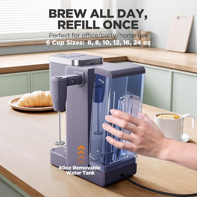 Tastyle Single Serve Coffee Maker with Built-in Detachable Milk Frother | For K Cups & Grounds, 40oz Removable Water Tank, 6 Brew Sizes, 2 Drip Trays, BPA Free, Fits 7.3" Travel Mug, K330MF, Purple - Image 5