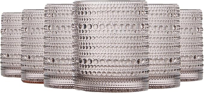 Khen Beaded Tumbler Drinking Glasses Set | Set of 6 | Vintage Hobnail 11 OZ Bubble Design Whiskey Glassware, Old-Fashioned, Embossed Design Glass for Water, Wine, Cocktail HAND WASH ONLY (Grey) by Khen